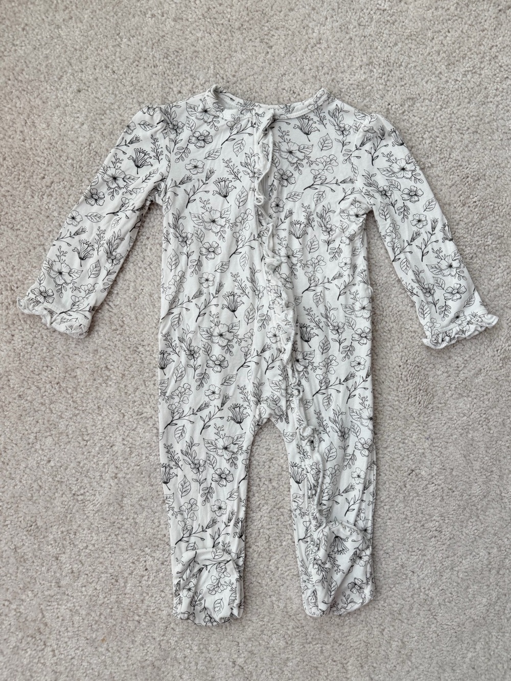 Little Me White and Black Floral Footie Ruffled Zippered One Piece